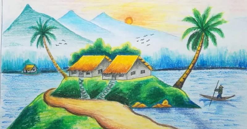Phac thao buoc dau cach ve cay dua don gian cho tranh phong canh que huong bang net chi