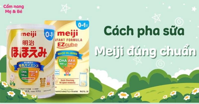 Sữa Meiji thanh 0-1 dạng gói và bình sữa sạch chuẩn bị pha sữa