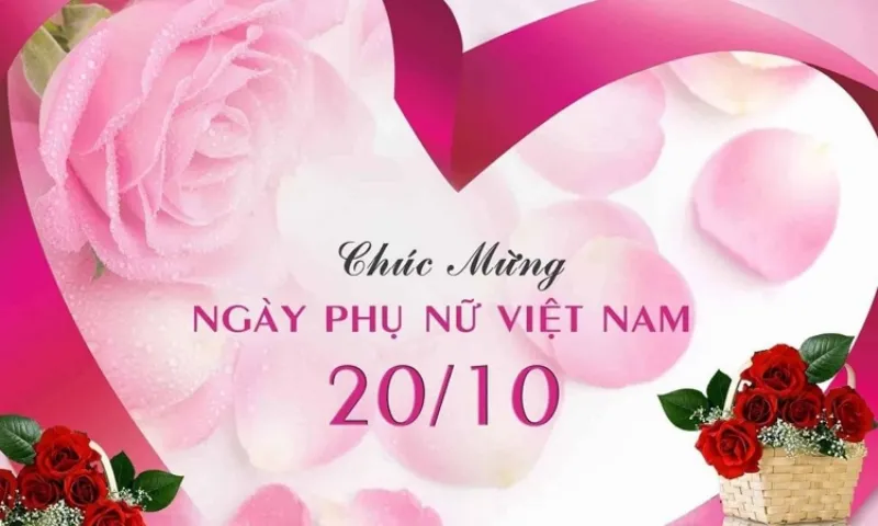Hình ảnh một người phụ nữ trẻ trung, hạnh phúc đang nhận hoa và quà trong ngày 20/10, biểu tượng cho niềm vui và sự trân trọng phái đẹp.