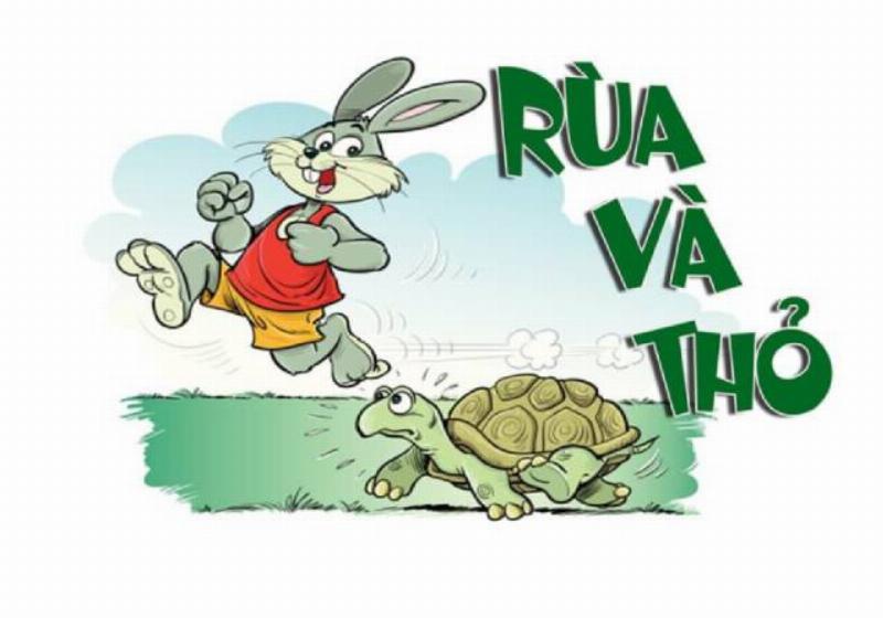 Hình ảnh thỏ và rùa đang chạy đua trên con đường, thỏ đang dẫn trước nhưng rùa vẫn kiên trì từng bước một, mặt trời mọc