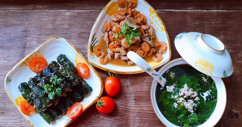 Mâm cơm gia đình Việt với các món ăn giàu kẽm như thịt bò xào, trứng, đậu.