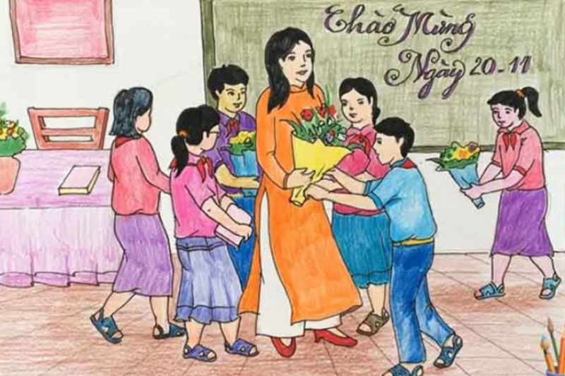 Bức tranh bảng đen với lời chúc vẽ tranh 20/11 đơn giản đẹp