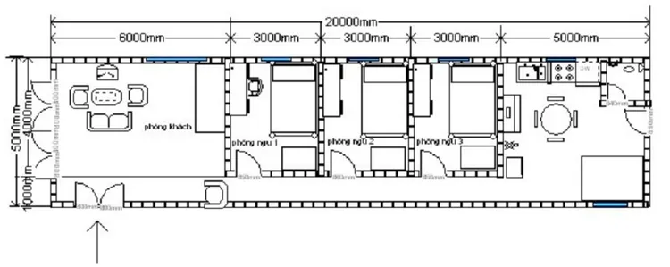 Bản vẽ nhà cấp 4 mái bằng 5x20m hiện đại với 3 phòng ngủ