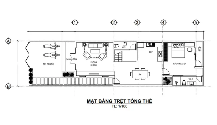 Bản vẽ kiến trúc nhà cấp 4 mái bằng 5x20m lắp ghép đầy đủ công năng