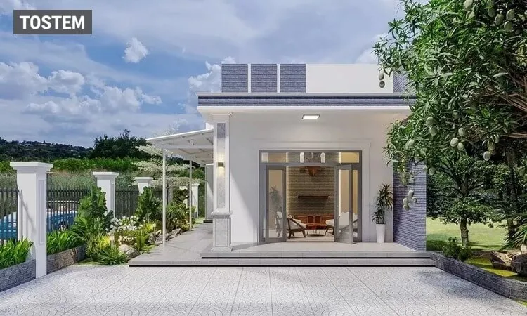 Mẫu nhà cấp 4 đơn giản với mặt tiền sáng màu, kết hợp cửa kính lớn