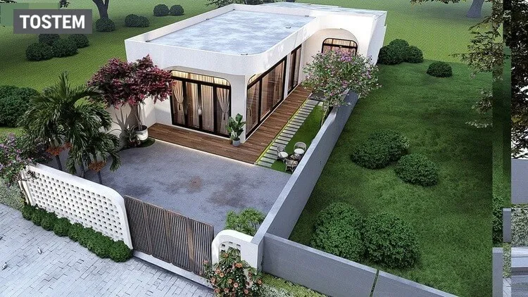 Nhà chữ L với sân trước rộng, tạo không gian sinh hoạt ngoài trời