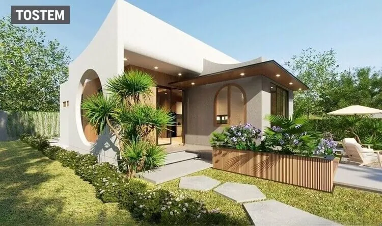 Nhà cấp 4 với sân vườn nhỏ gọn, bố trí lối đi lát đá