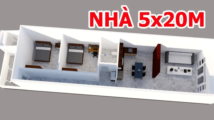Thiết kế nhà cấp 4 mái bằng 5x20m với 2 phòng ngủ tiện nghi