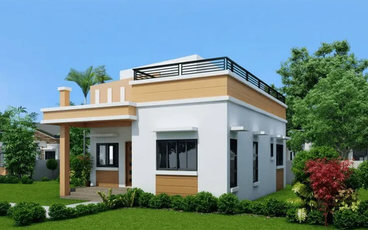 Mẫu nhà cấp 4 mái bằng 5x20m đẹp với thảm cỏ xanh bao quanh