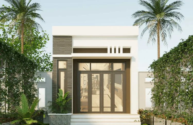 Mẫu nhà cấp 4 mái bằng đơn giản 5x20m với màu sắc chủ đạo trắng và nâu