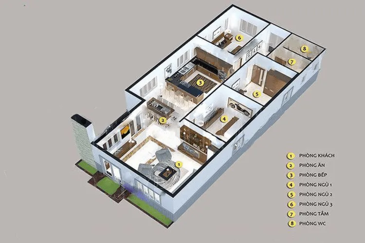 Mẫu nhà cấp 4 mái bằng 5x20m có 3 phòng ngủ tiện nghi và sang trọng
