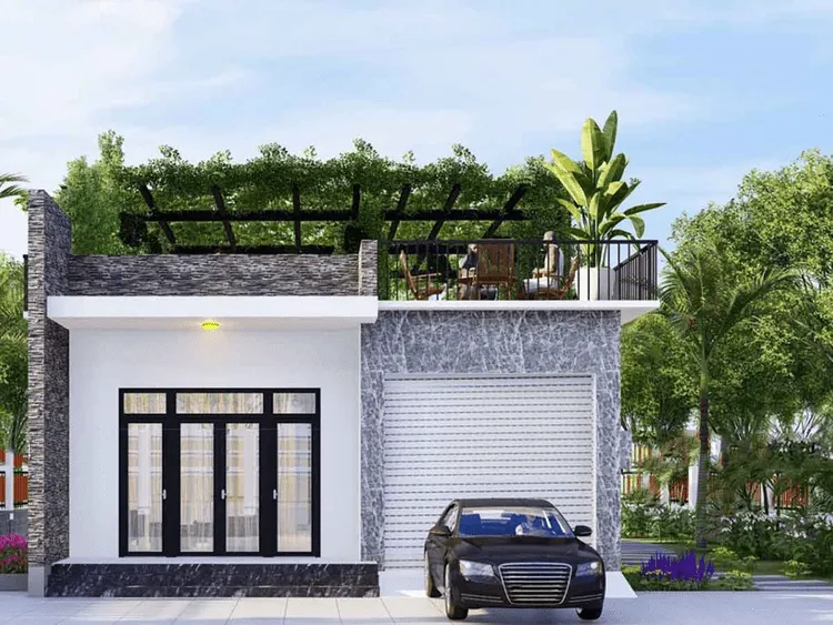 Mẫu nhà cấp 4 mái bằng 5x20m đẹp với thiết kế chỗ đỗ ô tô tiện lợi