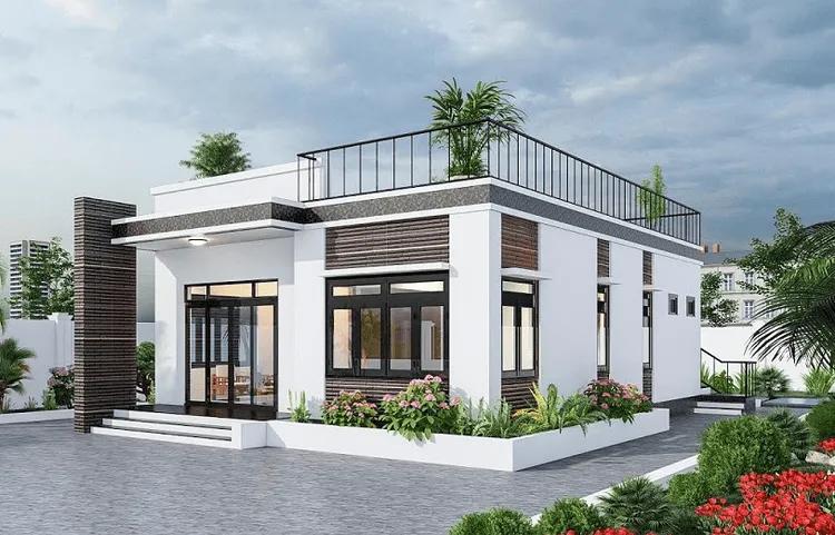 Nhà cấp 4 mái bằng 5x20m có sân thượng với phong cách hiện đại
