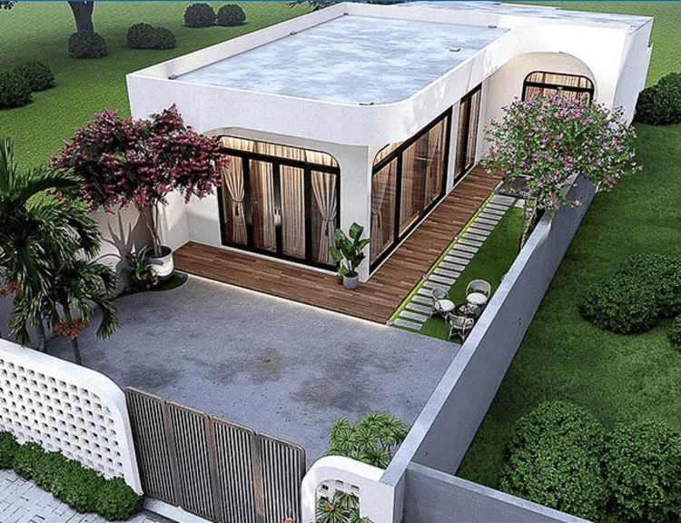Mẫu nhà cấp 4 mái bằng 5x20m sang trọng có sân vườn