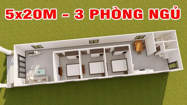 Bản vẽ 3D nhà cấp 4 mái bằng 3 phòng ngủ 5x20m theo kiểu tiền chế