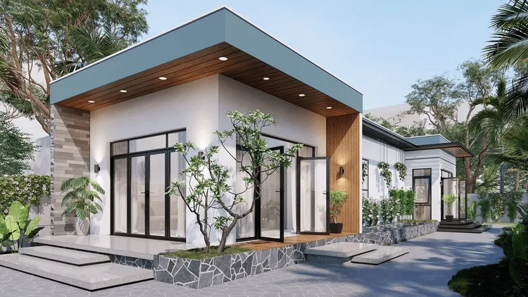 Nhà cấp 4 mái bằng 5x20m kiểu nhà vườn với nhiều cửa kính lấy sáng