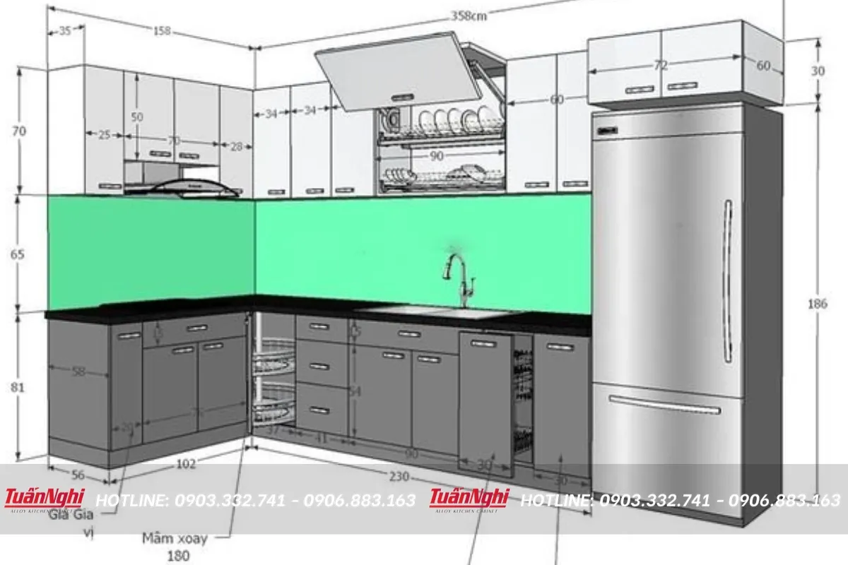 Kích thước cánh tủ bếp đa dạng