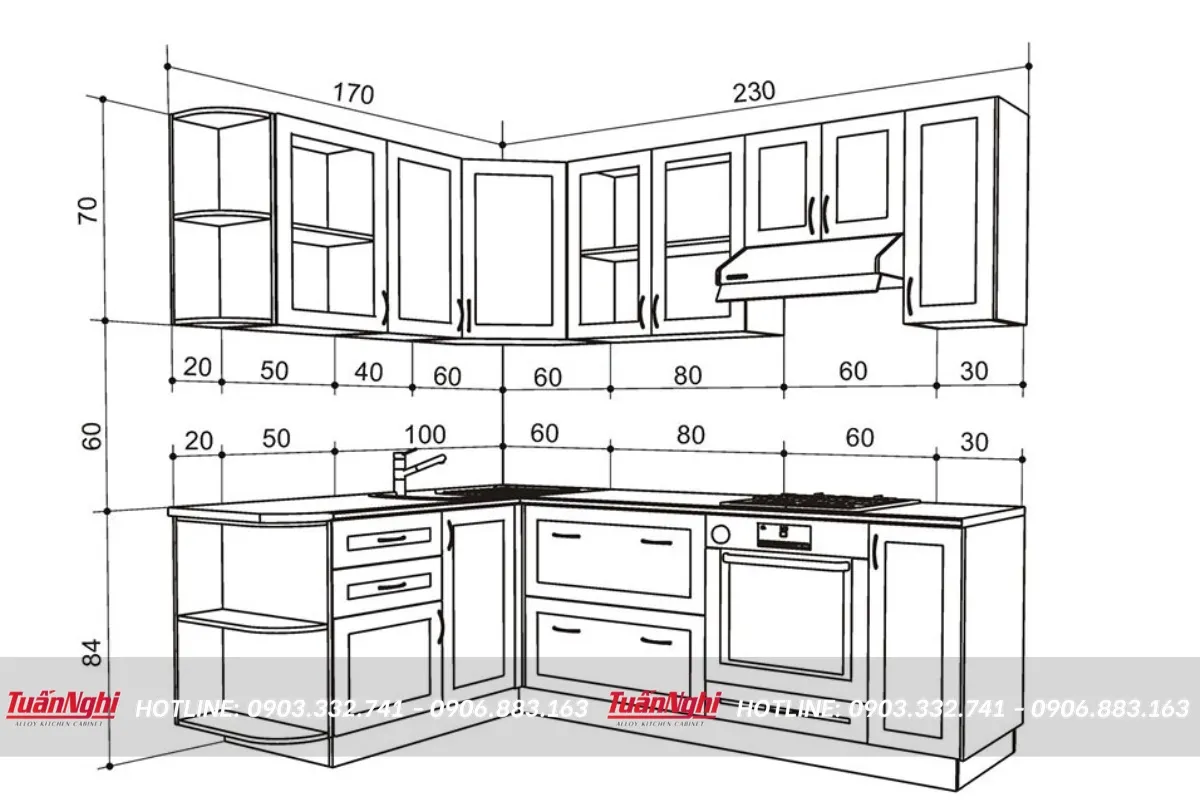 Kích thước tủ bếp dưới theo tiêu chuẩn phổ biến