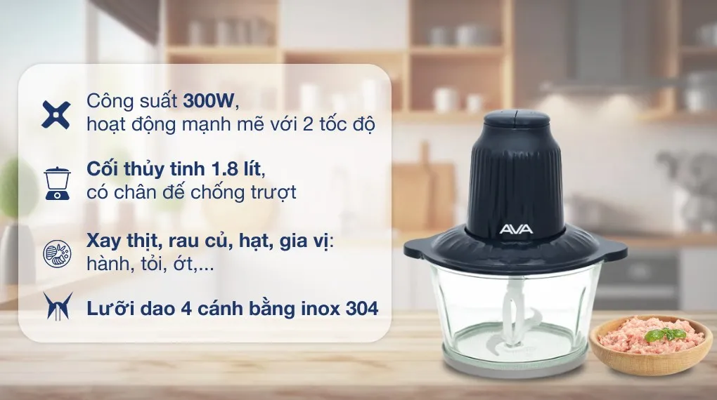 Máy xay thịt đa năng AVA AM6103 300W 1.8 lít với lưỡi dao 2 tầng bằng inox 304 sắc bén, hoạt động an toàn