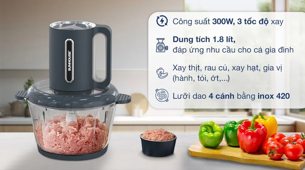 Máy xay thịt đa năng Sunhouse SHD5403 có thiết kế hiện đại với màu ghi đen thời thượng, sang trọng, phù hợp mọi không gian bếp