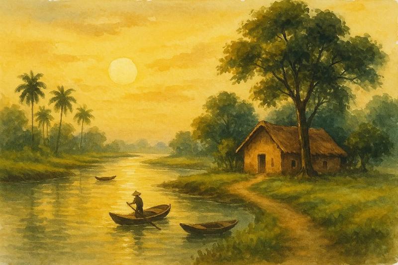 Một người đang sử dụng bút chì màu để tô chi tiết cho bức tranh phong cảnh núi non, thể hiện kỹ thuật tô chồng màu và tạo bóng.