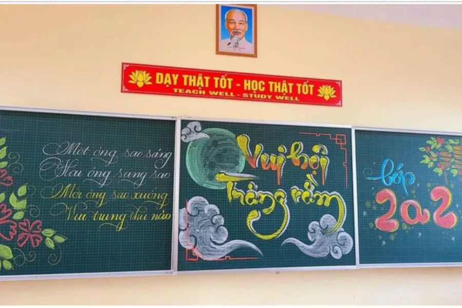 Bảng lớp được biến đổi với hình ảnh và thơ đầy màu sắc nhân dịp Trung thu