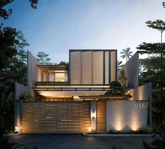 Cổng gỗ cho biệt thự, màu sắc đồng bộ với gỗ ốp tường tạo sự hài hòa