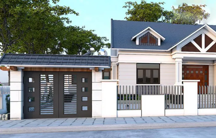 Cổng biệt thự mái Thái có màu sắc hòa hợp với tổng thể ngôi nhà