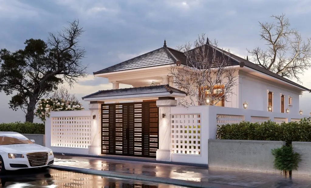 Cửa cổng 4 cánh đơn giản, hiện đại cho biệt thự mái Thái