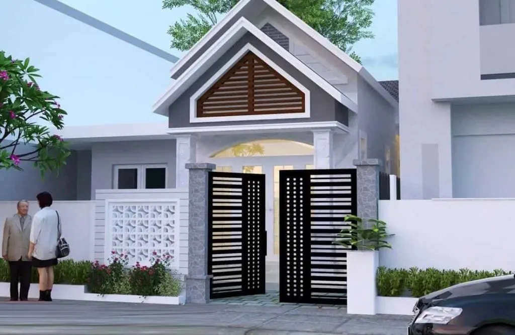 Cổng đen nổi bật trên nền tường trắng, tạo điểm nhấn ấn tượng cho nhà cấp 4