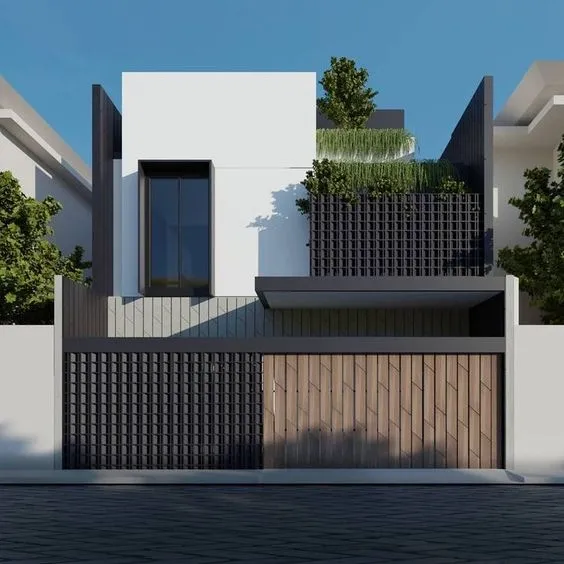 Cổng biệt thự hiện đại kết hợp các thanh gỗ và khung sắt vững chãi