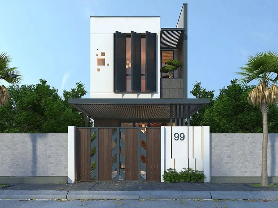 Cổng nhà ống hiện đại với sự kết hợp độc đáo của gỗ và thép CNC