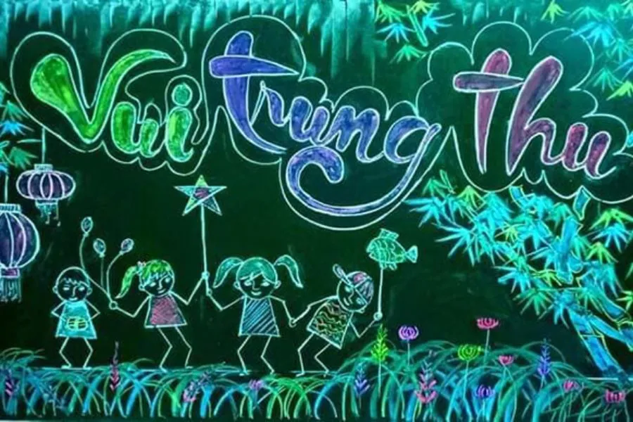 Bảng lớp với hình ảnh rước đèn đêm Trung thu