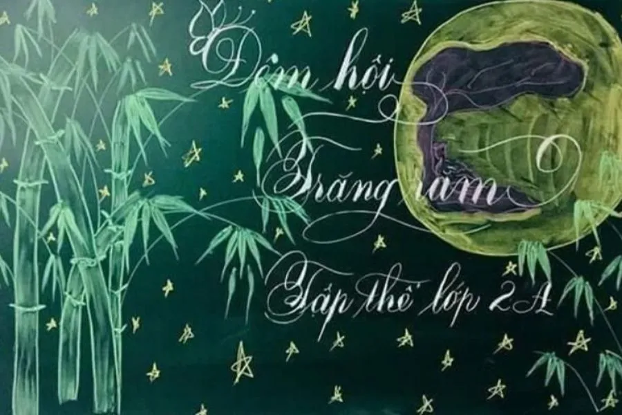 Trang trí bảng Trung thu với hình ảnh trăng rằm và cây đa