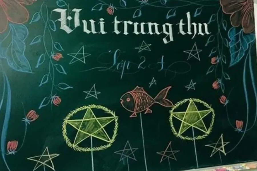 Ý tưởng trang trí bảng lớp dịp Trăng rằm với lồng đèn và ngôi sao