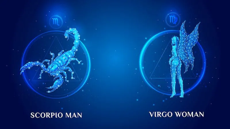 Cặp đôi Bọ Cạp và Xử Nữ đang mỉm cười, thể hiện sự hòa hợp và hạnh phúc