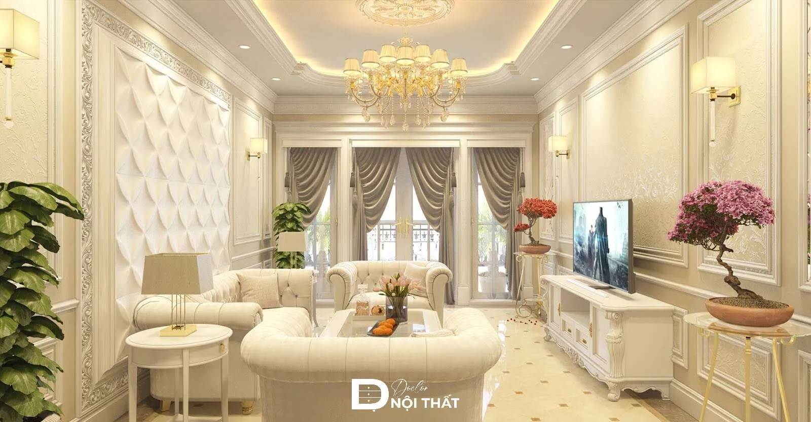 Trần thạch cao phòng khách được thiết kế với đường phào chỉ uốn gọn, tinh xảo