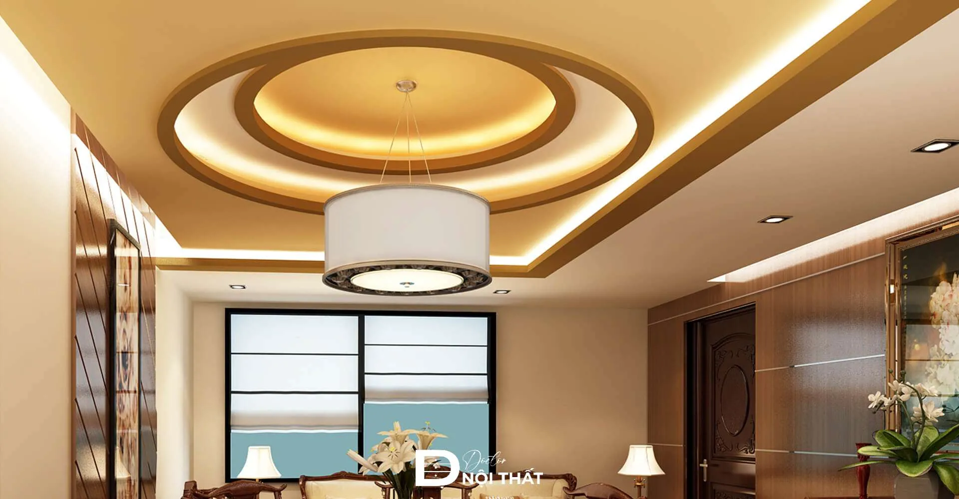 Mẫu trần thạch cao phòng khách hình tròn mềm mại