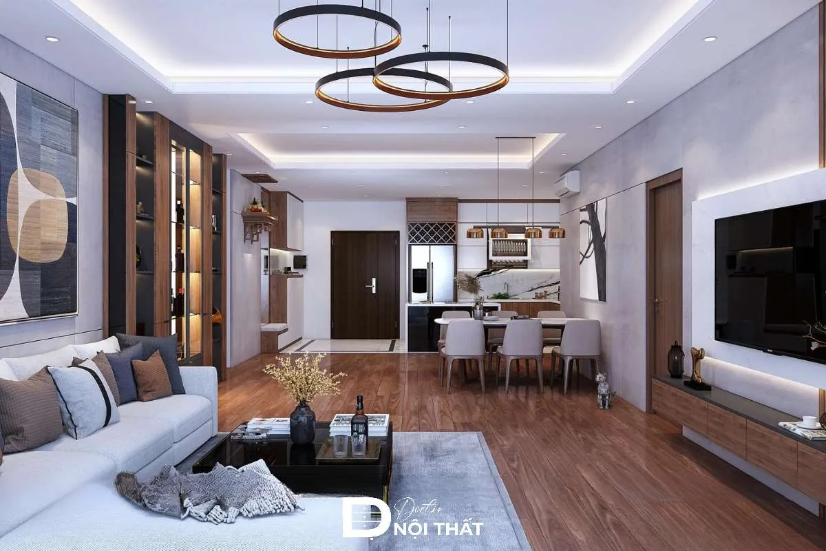 Thiết kế trần nhà giật cấp cho cả khu vực phòng khách và phòng bếp