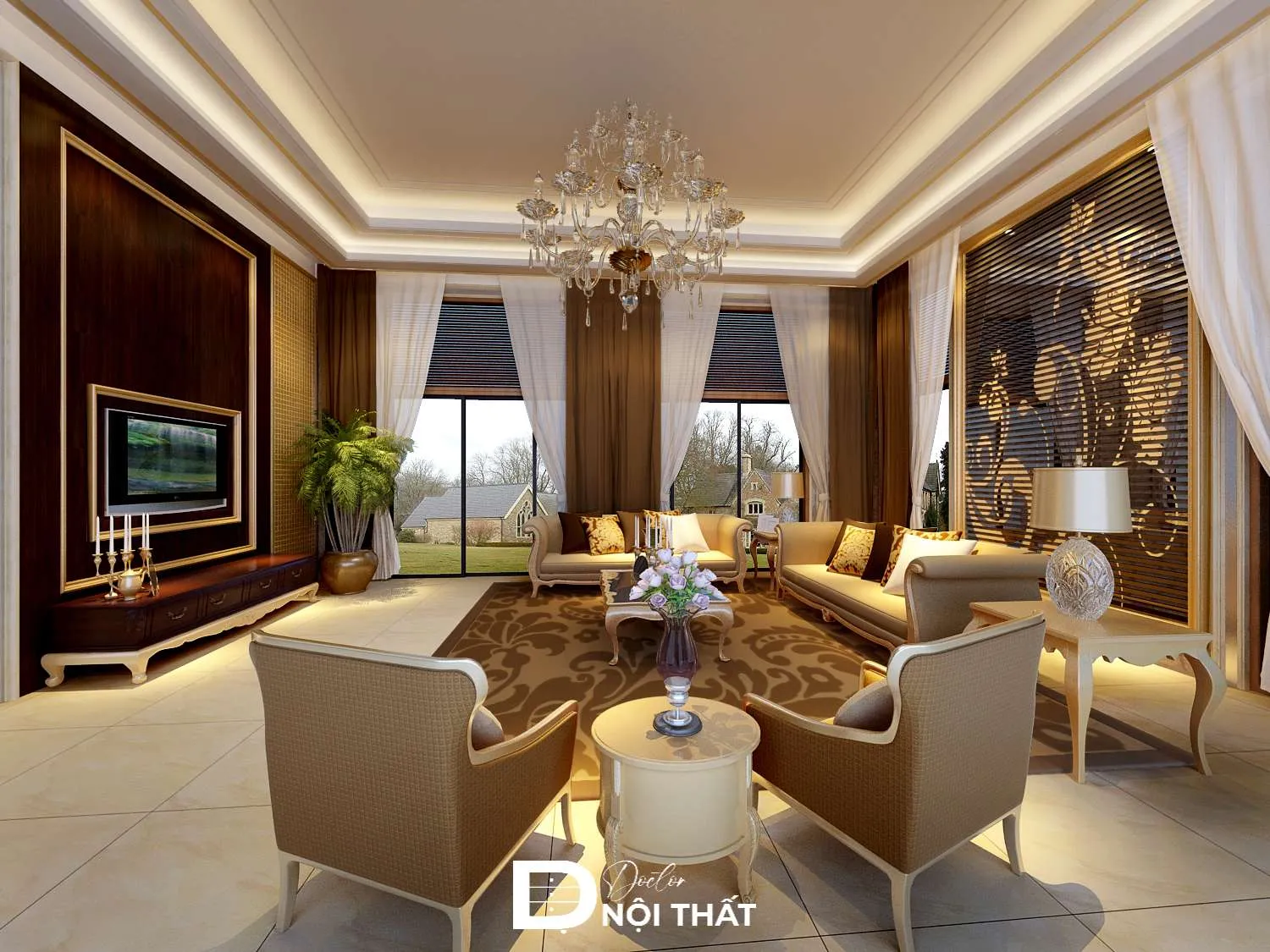 Trần thạch cao phòng khách biệt thự sang trọng