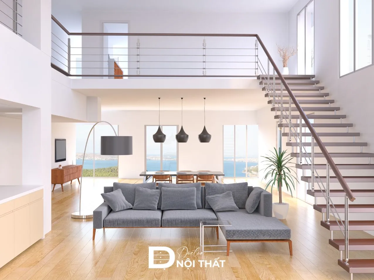 Thiết kế cầu thang phòng khách nhà ống 5m tối giản