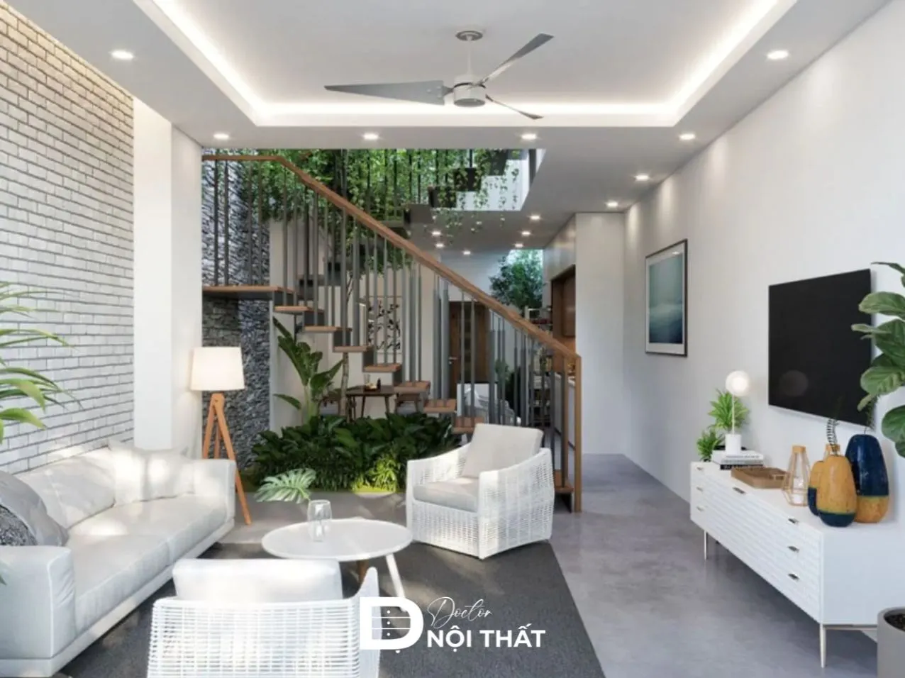Trang trí phòng khách nhà ống bằng cây xanh