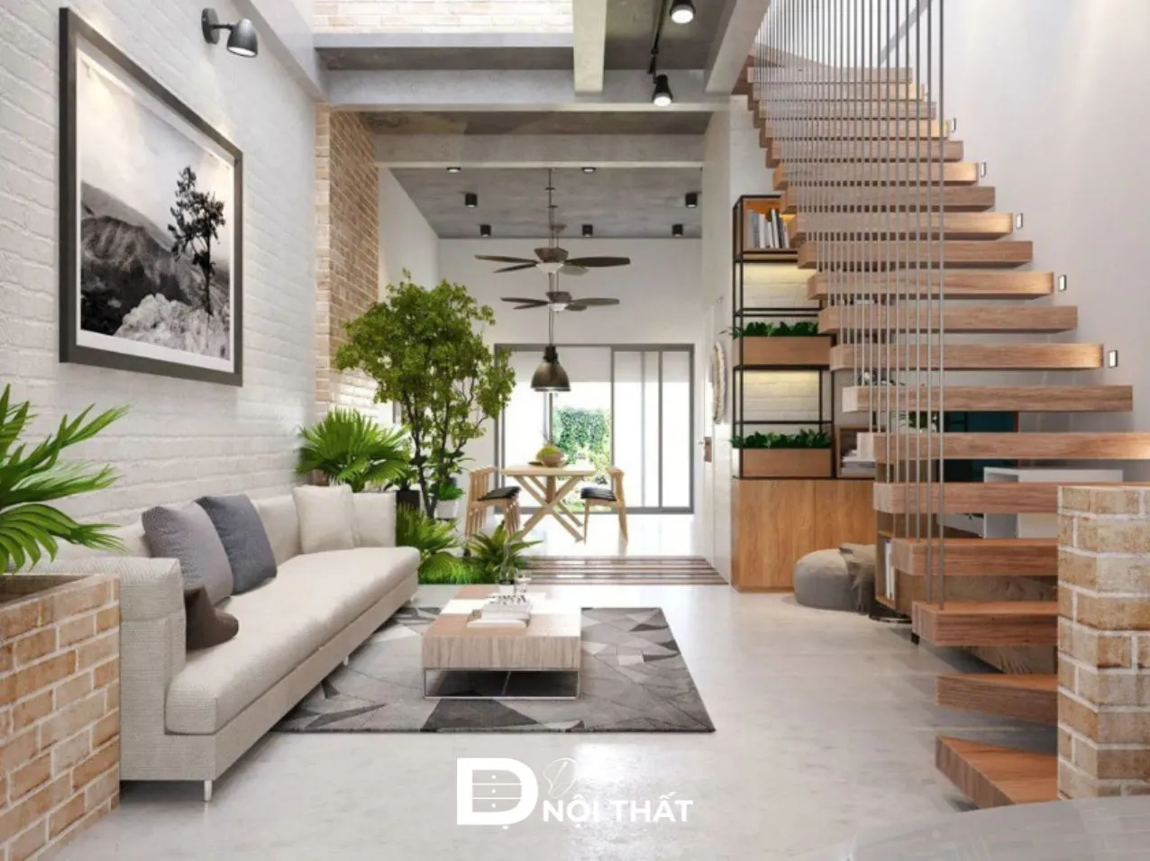Cầu thang dây cáp độc đáo kết hợp với mảng tường gạch thô