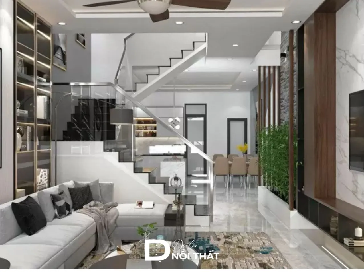 Hệ cầu thang kính sang trọng tạo điểm nhấn cho phòng khách nhà ống 5m