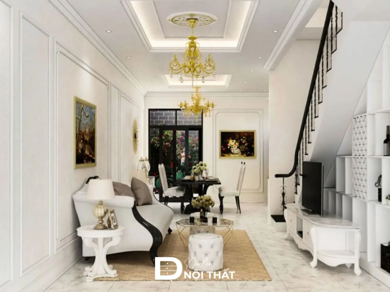 Bố trí kệ tivi dưới chân cầu thang phòng khách nhà ống