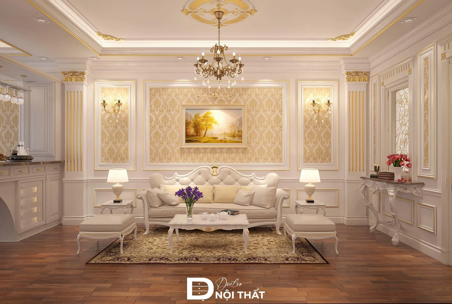 Trần thạch cao phòng khách tân cổ điển với phào chỉ sang trọng