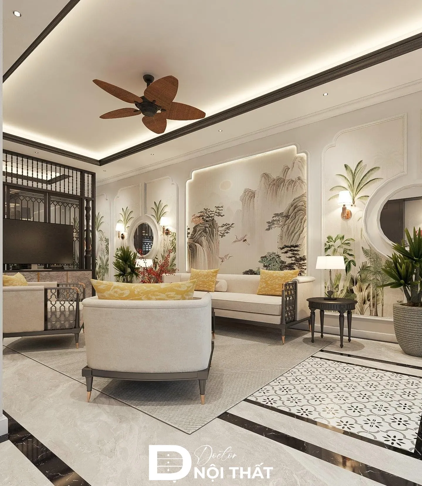 Mẫu trần thạch cao phong cách Indochine giúp phòng khách nổi bật