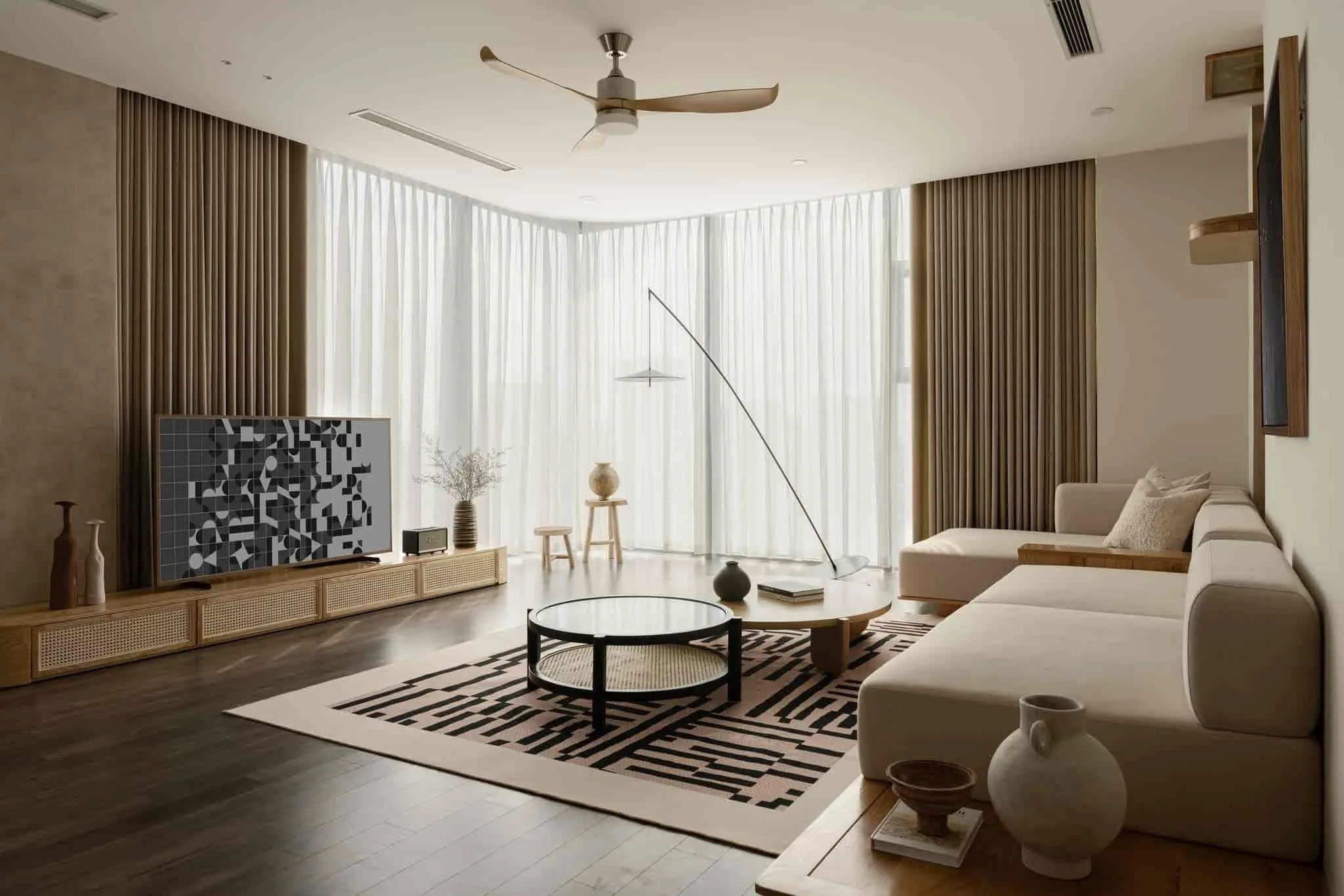 Trần thạch cao kết hợp quạt trần trong phòng khách