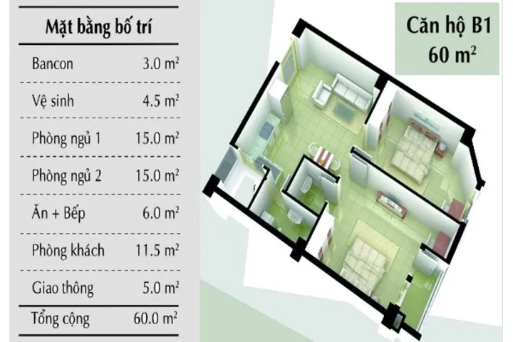 Mặt bằng căn hộ mẫu B1 diện tích 60m2